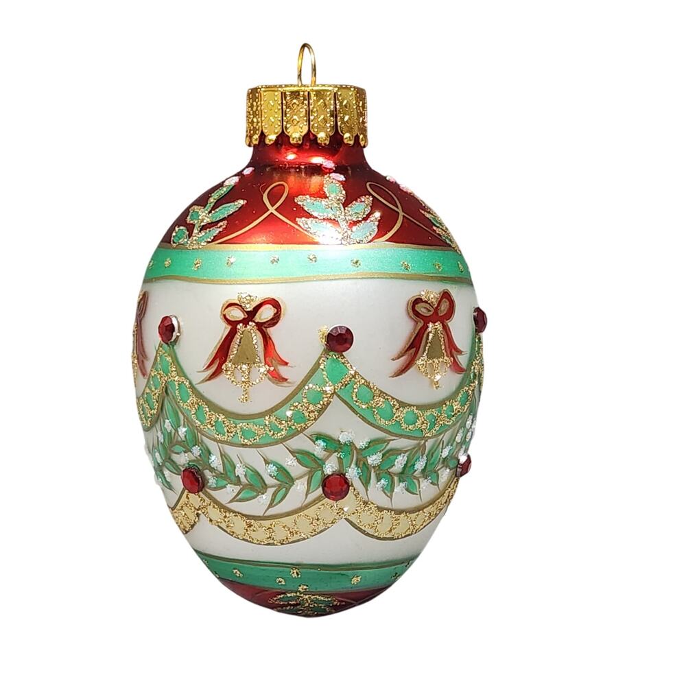 Faberge Egg Ornament Hand Painted Red White Greem Gold Unique Treasures w Box